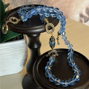 Elegant Blue Beaded Necklace & Attachable Toggle Bracelet